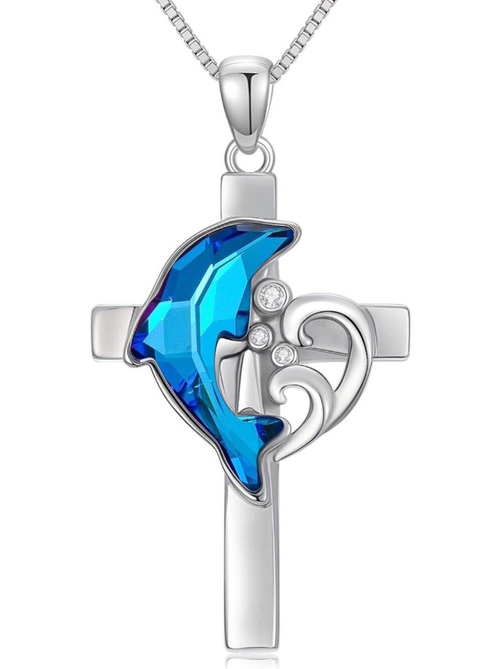 Women's Blue Sterling Silver Dolphin Pendant  Beach Themed Crystal Necklace